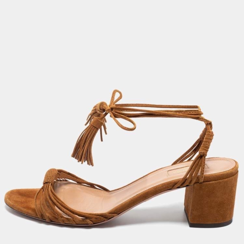 Aquazzura Tan Suede Block Heel Sandal with Ankle Tie - Size 38.5